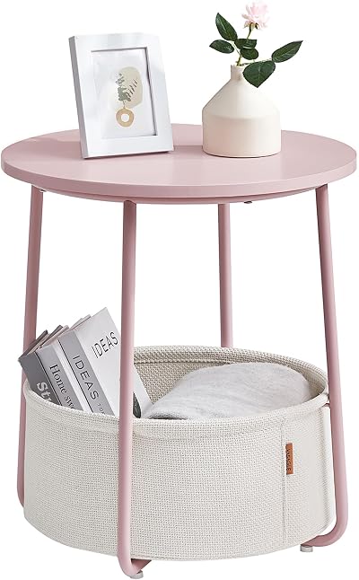 VASAGLE Round Side Table with Fabric Basket Pastel Pink Cloud White LET223R61