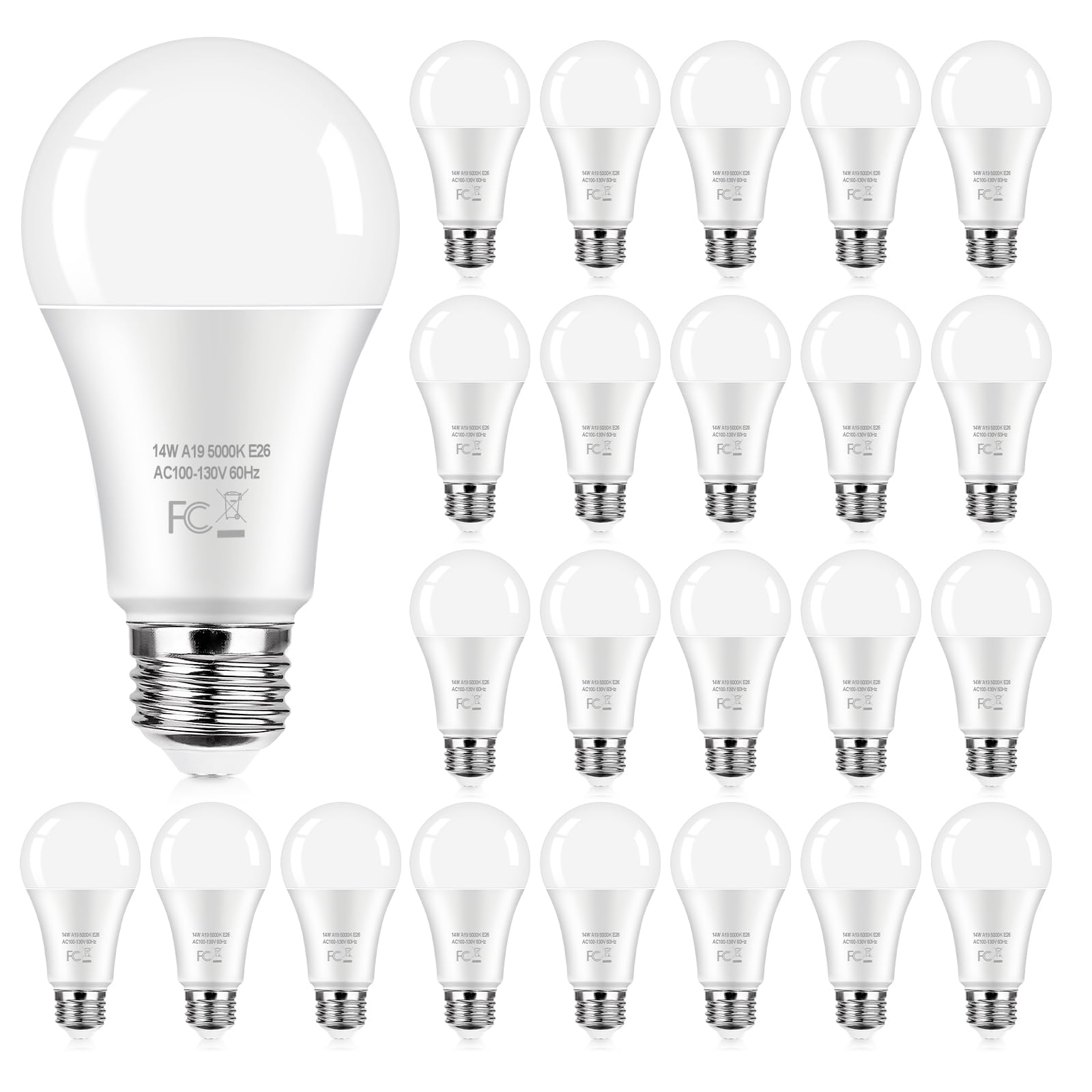 24-Pack LED Light Bulbs 100 Watt Equivalent, 14W 1600Lumens Bright A19 LED Bulbs, Standard E26 Medium Screw Light Bulbs 5000K Daylight White, 90+ CRI, 25000+Hrs Lifespan, No-Flicker, Non-Dimmable Image