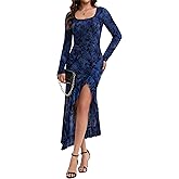 Women's Square Neck Long Sleeve Maxi Dress Floral Bodycon Dresses Print Side Split Dresses Elegant Formal Cocktail Dress