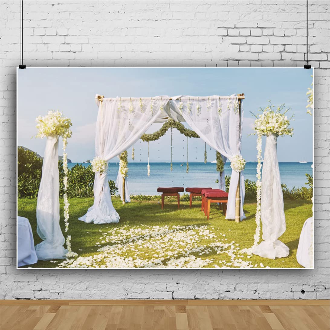 Bovlleetd 9x6ft Outdoor Wedding Background Flower Shed White Flowers Road Photography Background Blue Sea Lawn Photography Backdrop for Wedding Ceremony Decoration Banner