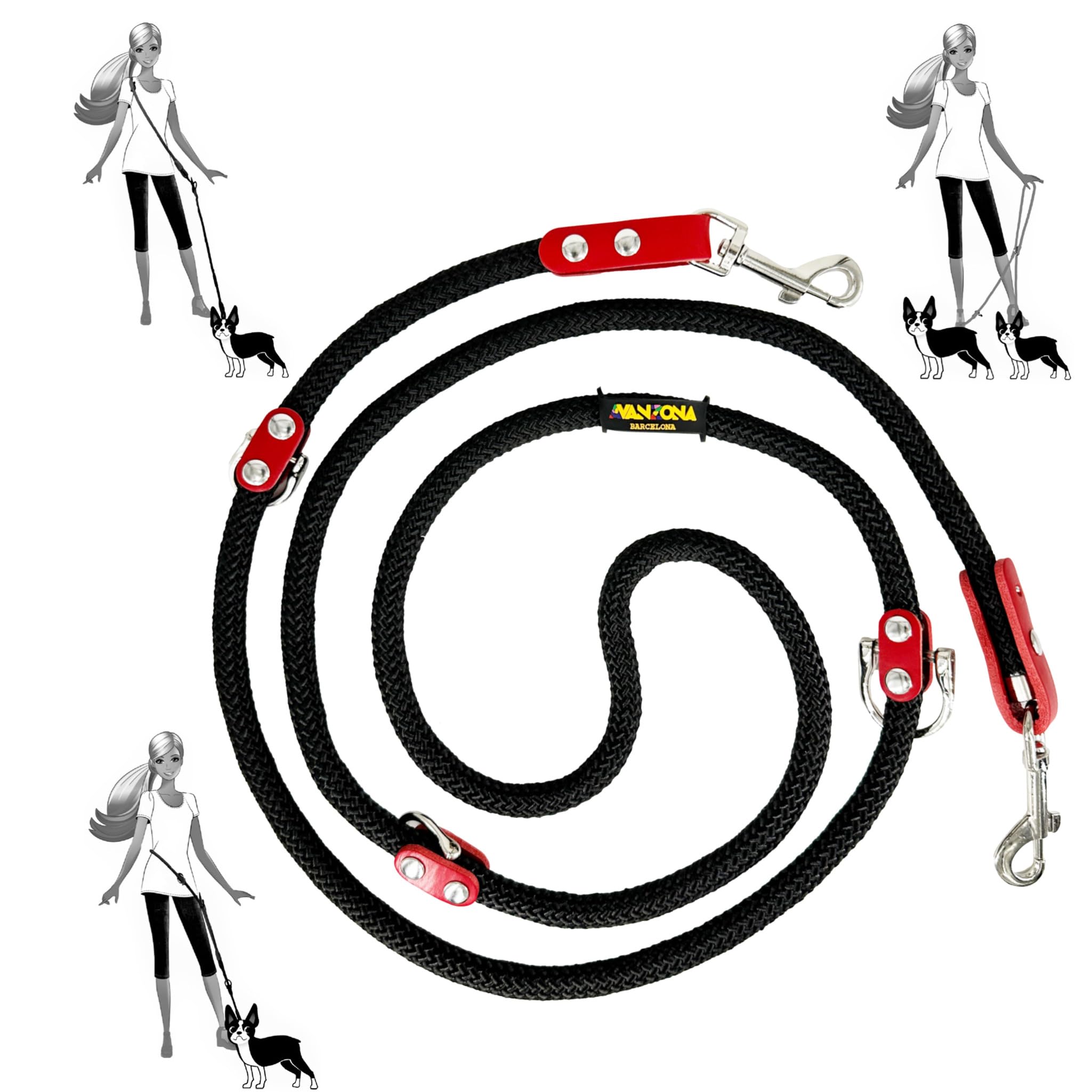 Hands Free Dog Lead. Double Ended, MultiFunction, Multiposition, for 2 Dogs, Small Medium Large. Rope and Leather, Made in Spain. Black & Red. — image 1