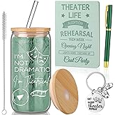 4 Pcs Theatre Gifts for Women Teens Theater Life 16oz Glass Cup Leather Notebook Ballpoint Pen Keychain Musical Broadway Graduation Gifts for Theatre Performers Directors Actors Drama Teacher(Green)