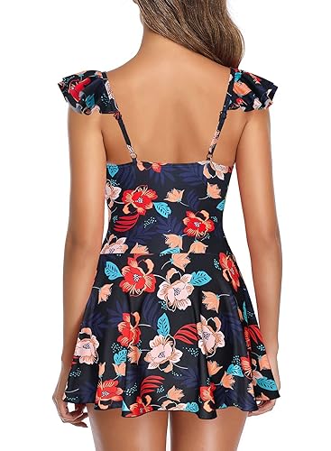 SHEKINI Women's One Piece Ruffle Swimsuit Tie Knot Front Ruched Vintage  Swimdress (Black Printing, Medium)
