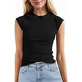 Tankaneo Womens Cap Sleeve Tops Crew Neck Ribbed Knit T Shirt Summer Casual Slim Fit Basic Tees Tshirt