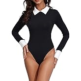 Milumia Women Colorblock Rib Knit Long Sleeve Doll Collar Keyhole Back Bodysuit Shirt Top