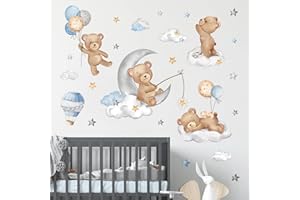 decalmile Bear Sleeping on The Moon Wall Decals Hot Air Balloon Animals Clouds Wall Stickers Baby Nursery Kids Bedroom Playro