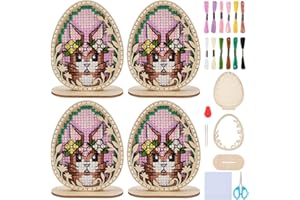 ACRNIGHEET 4Pcs Easter Bunny Cross Stitch Kit for Beginners Adults, Complete 3D Wooden Cross Stitch Kits with Embroidery Thre