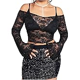 SHENHE Women's Plus Size Lace Tops Bell Sleeve Off The Shoulder Sexy Sheer Rave Crop Tops