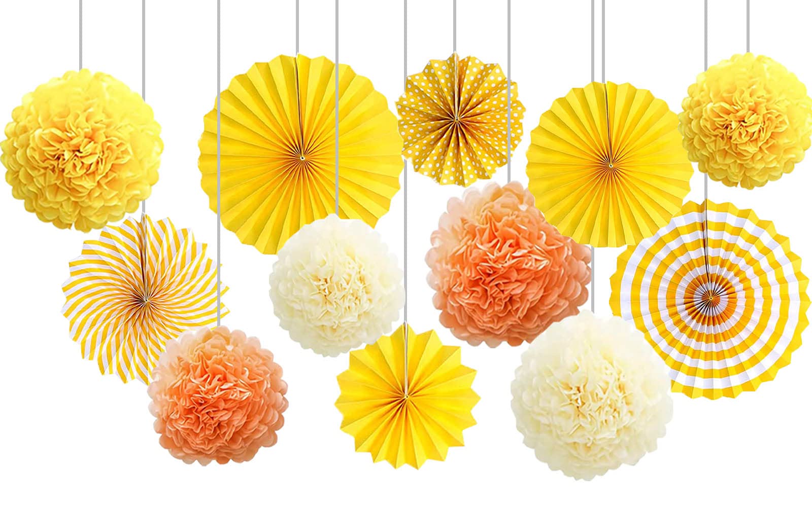 Yellow Tissue Pom Poms and Hanging Paper Fans Set,Paper Flowers Ball for Party Decoration(12 Piece)