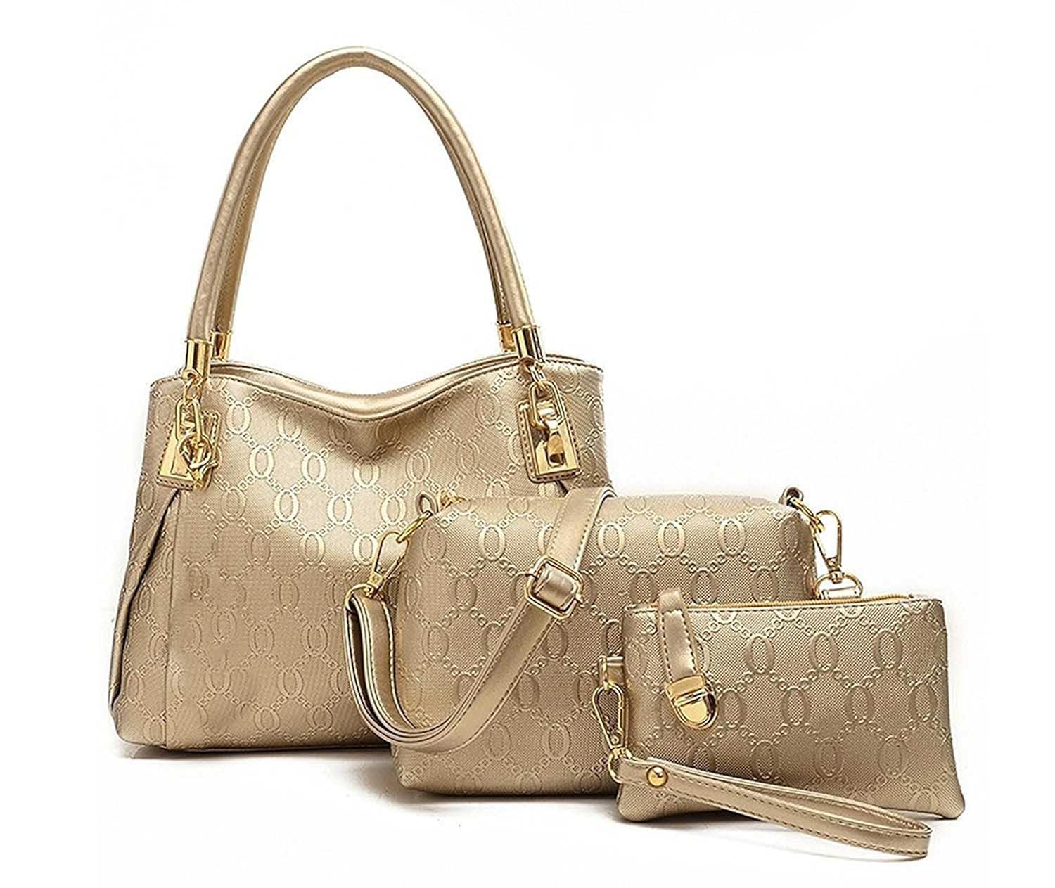 di grazia women's synthetic gold 3 in 1 combo of shoulder bag , satchel & handbag (dg-gold ,gold-3in1-combo-bag)