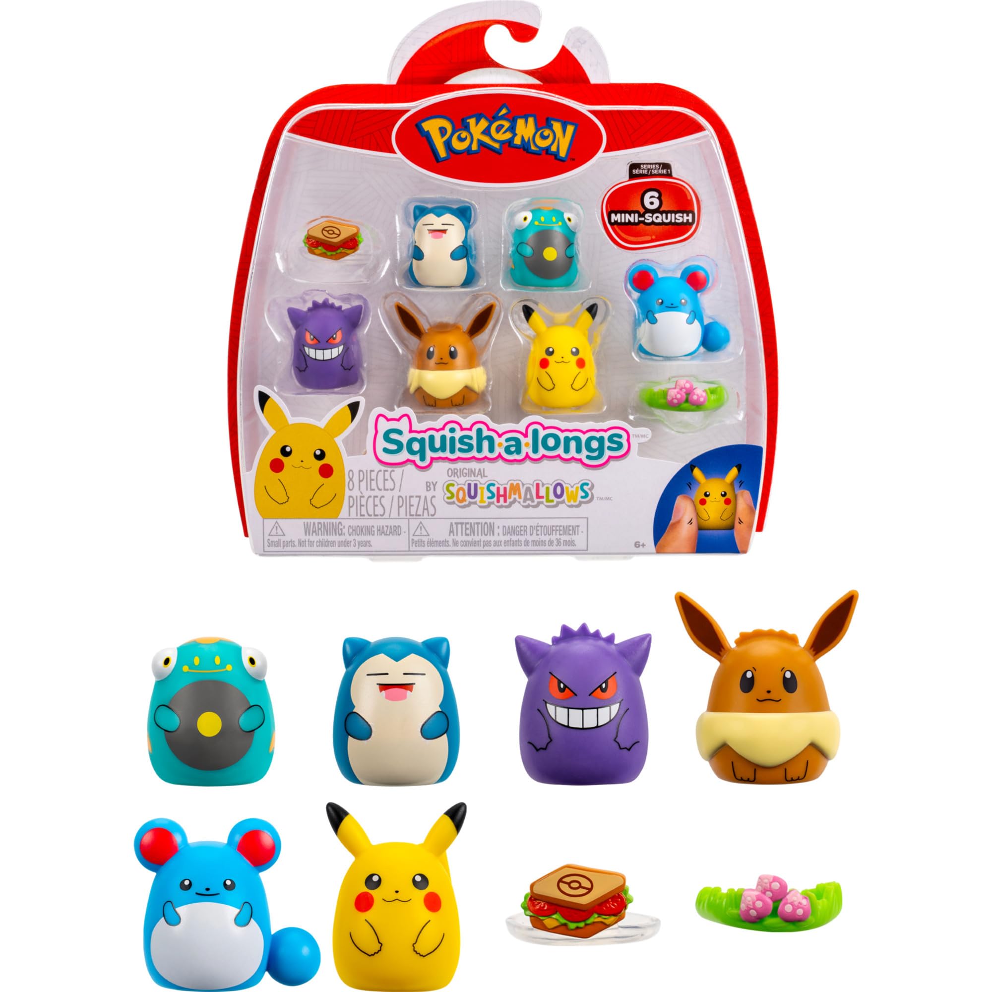 Squish-a-longs Pokémon Mini-Squish 6-Pack (Gengar, Pikachu, Snorlax, Eevee, Bellibolt, Marill) (Amazon Exclusive)