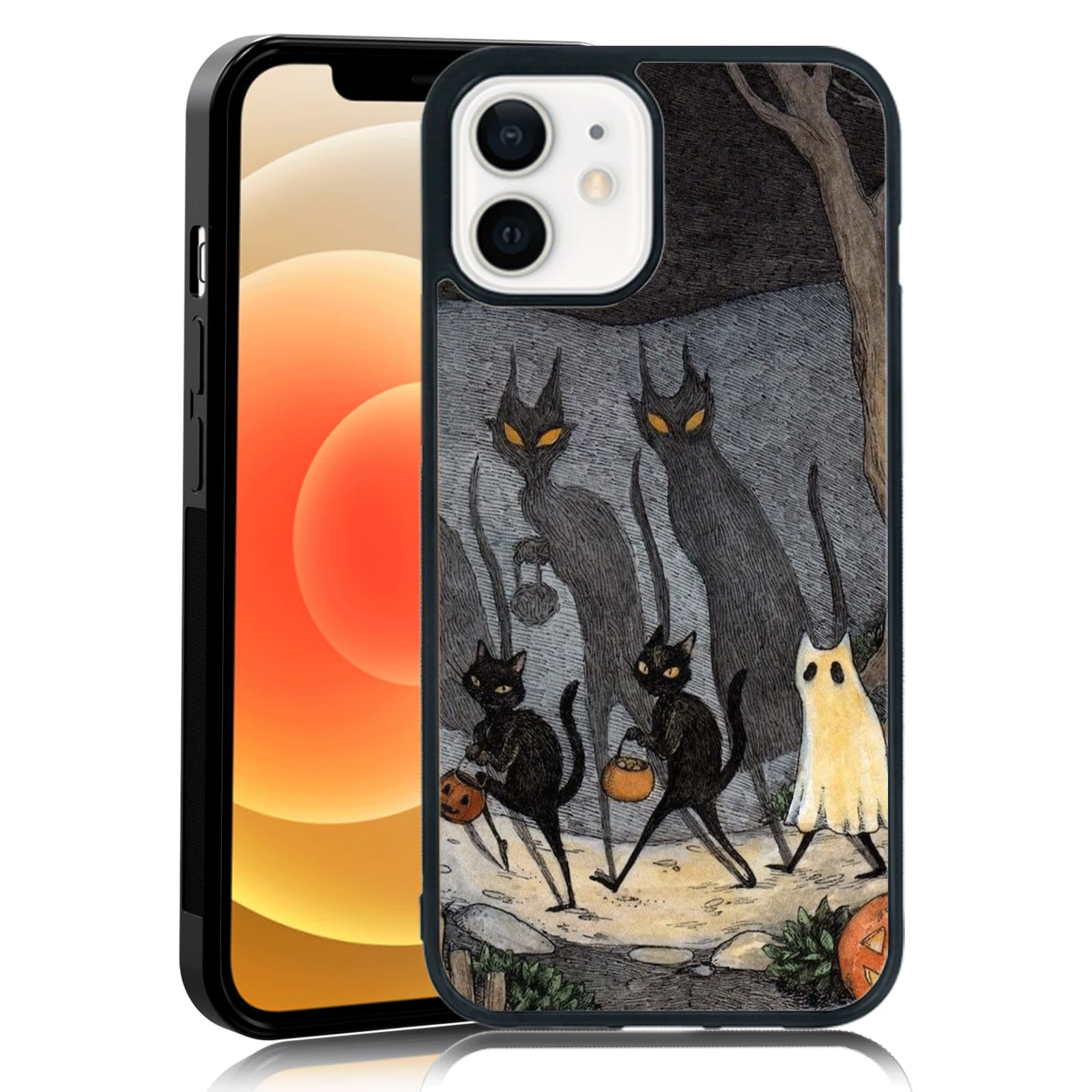 Photo 1 of MMYAJT Vintage Scary Halloween Black Cat Phone Case Fit for iPhone 12 Mini — Shockproof Designed Funky Art Cute Print Phone Case Cover for Boy Girl Men Women