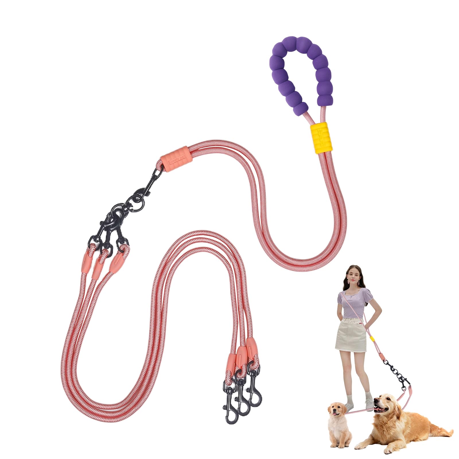 Photo 1 of Double Dog Leash No Tangle, Adjustable Split Leads Three Pet Walking Leash with Comfortable Padded Handle for Three Dogs, Hands - Free Three Leashes for Small/Medium Pets (Pink, Three Leashes)