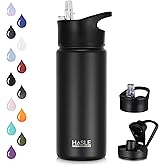 HASLE OUTFITTERS Insulated Water Bottle 16 oz Double Wall Vacuum Stainless Steel Water Bottle Leak Proof Wide Mouth with Straw Lid & Spout Lid Keeps Cold and Hot(Black,1pack)
