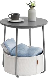 VASAGLE Round End Table with Fabric Basket Cement Grey Cloud White LET223G49