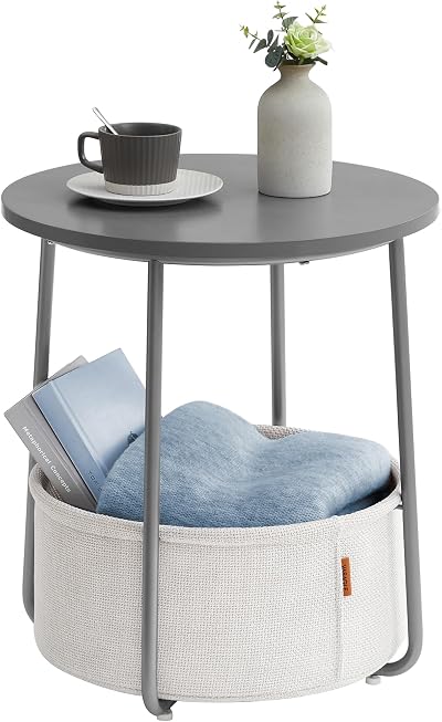 VASAGLE Round End Table with Fabric Basket Cement Grey Cloud White LET223G49