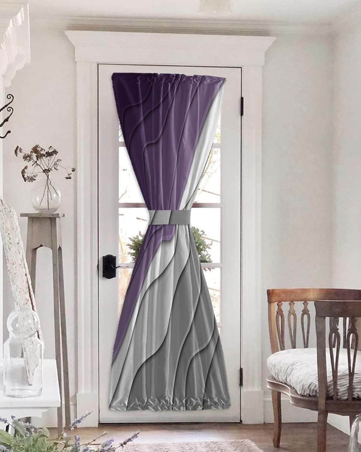 Outdoor Curtains - OUR DREAMS Blackout Curtain for French Doors, Geometric Purple Gray Ombre Thermal Insulated Privacy Drapes, Modern Abstract Art 1 Curtain Panel with Tieback for Patio Door, 24 x 72 inches