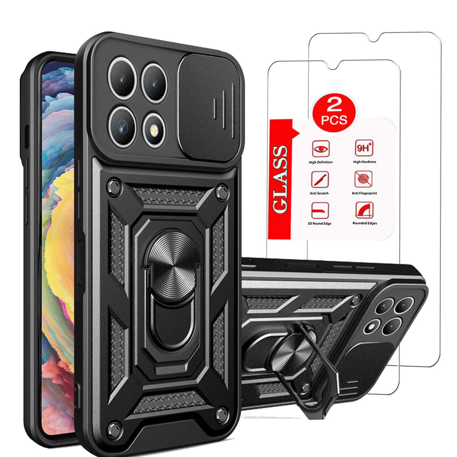 Anvzle for T-Mobile Revvl 7 5G Phone Case | 2 Pack Tempered Glass Screen Protector, Military-Grade, Heavy Duty Protective, Lens Protects, Magnetic Kickstand Holder Black