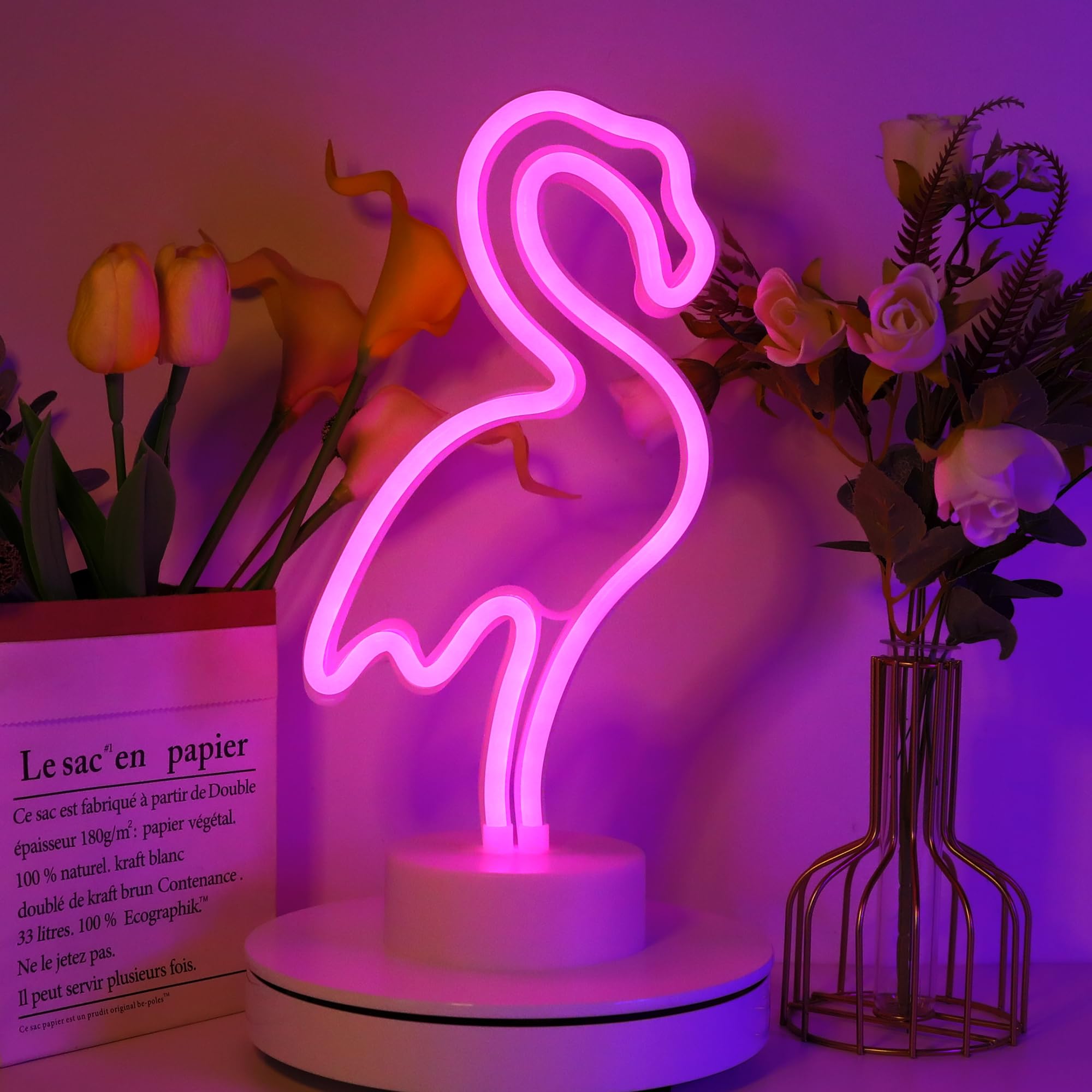 ENUOLI Flamingo Neon Light Signs Pink LED Neon Art Decorative with Holder Base Table Light Marquee Signs Wall Decoration for Kids' Room Birthday Party Light Bar Recreational Wedding Party