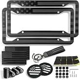 American Flag License Plate Frame, Stainless Steel Patriotic Car Tag 2 Pack | Patriotic Gift Set &bull; Rustproof Frame &bull; Metal Stickers &bull; Keychain &bull; Cup Holder Mats &bull; Screws Included &bull; Black/Gray