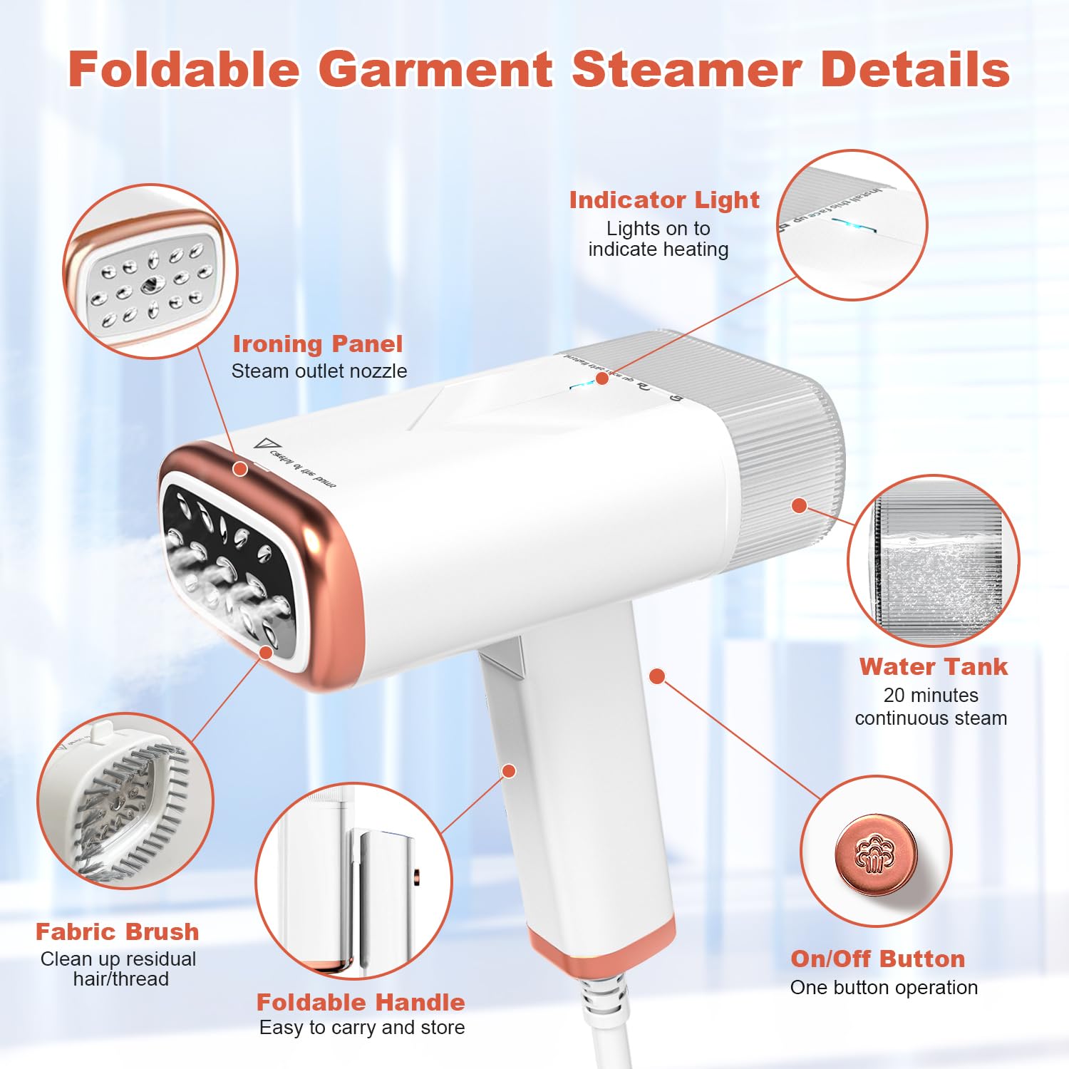 Foldable Handheld Steamer for Clothes, 1000W 20S Fast Heat-up Portable Garment Steamer with Brush and Measure cup, Clothes Steamer Fabric Wrinkle Remover with a Storage bag for Home Office Travel