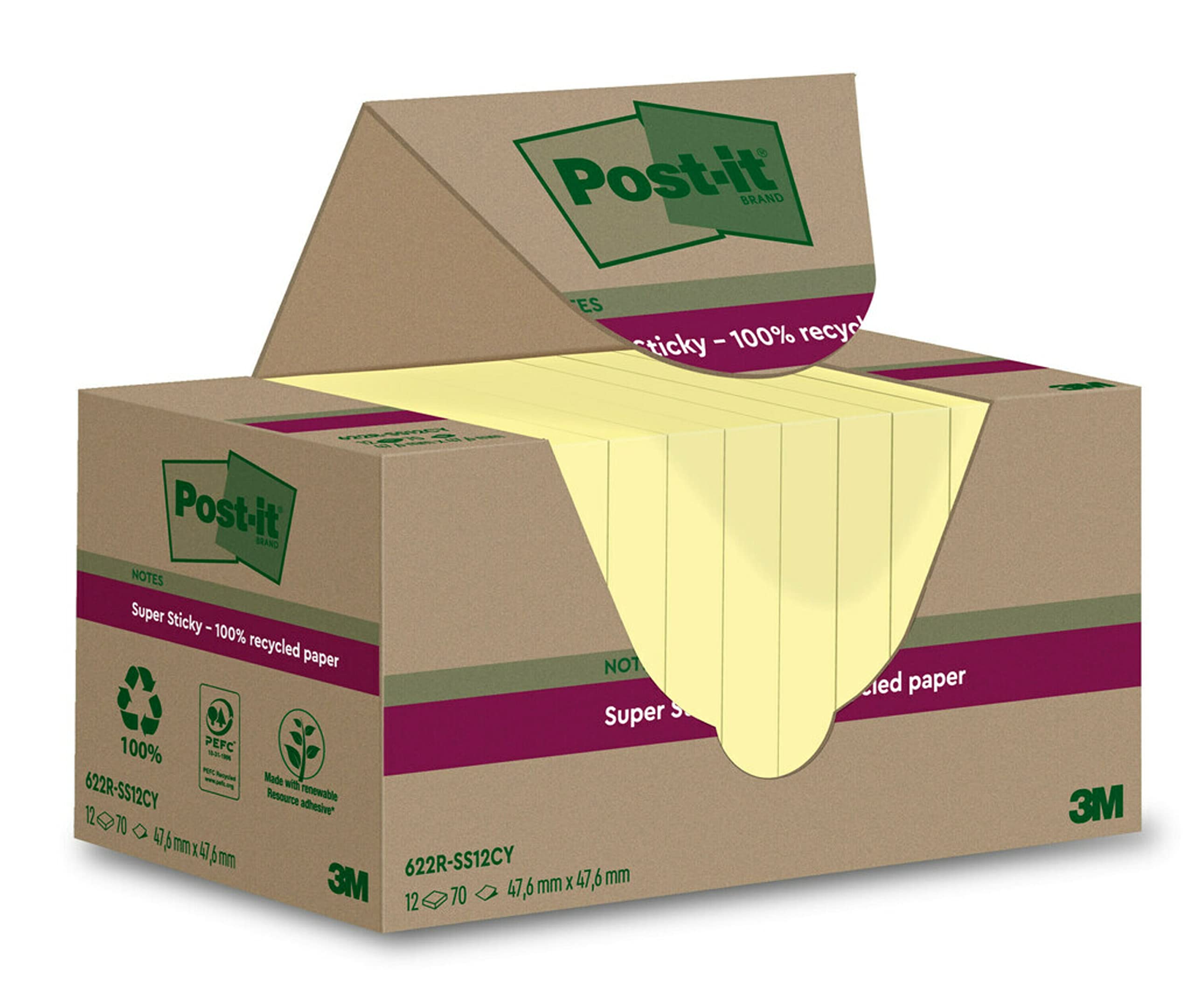 Post-it Self-Stick Note, Notebook, 12 Pads x 70 Sheets each, 47.6 mm x 47.6 mm, Canary Yellow, Extra Sticky, 100% Recycled