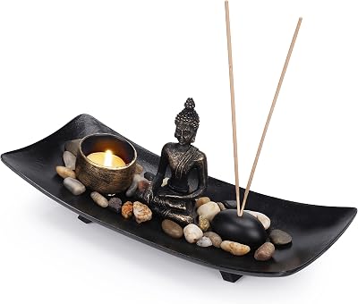 BELLE VOUS Sitting Buddha Candle & Incense Holder with Zen Tray