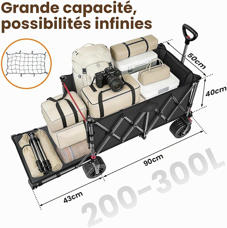Chariot Pliable 260L 250KG, Roues Larges Tout-Terrain 17cm, Noir