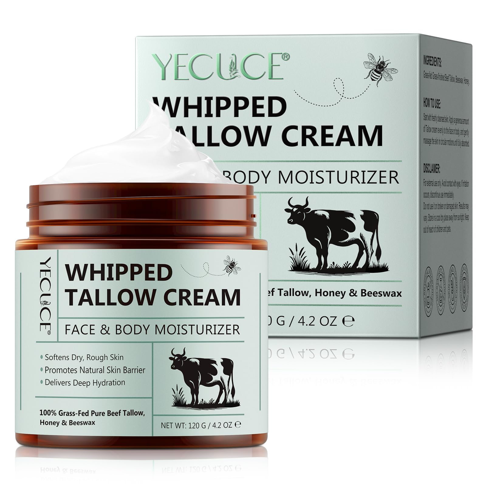 Beef Tallow for Skin Care 120g, 100% Natural Tallow Face Cream, Natural Honey & Beeswax Moisturizer, Deep Hydration for Face & Body, Fast Absorbing, 4.2 OZ