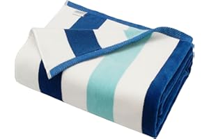 COTTON CRAFT Oversized XXL Beach Towel - 7 Foot Extra Large Big & Tall Huge Beach Blanket Towel - 100% Cotton Jacquard Velour - Plush Super Soft Luxury Pool Bath Yoga Towel -35x84- Cabana Stripe Blue