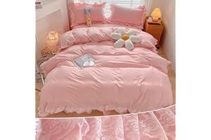 MOOWOO Chic Ruffle Lace Comforter Set -Girl Pink Bedding-3 Piece Queen Bed Quilt -Aesthetic Bedding,Ultra Soft and Durable,Fluffy Bed Comforter Sets for All Season