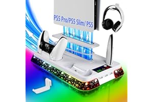 COOOUDQS PS5/Slim/Pro Stand for PlayStation 5 Disc & Digital Console, PS5 Cooling & Charging Station with RGB, PS5 Controller Charger Incl. 3 Level Fan,Headset, PS5/Slim/Pro Accessories Comes 3 USB Ports
