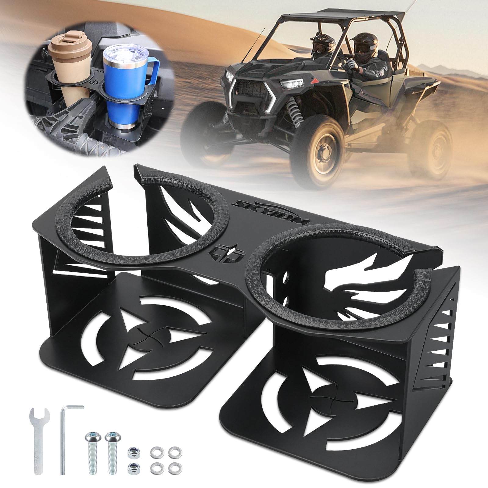 Photo 1 of SKYJDM Cup Holder for Grab Bar, Passenger Grab Handle Drink Holder, UTV Cupholder Compatible with Polaris RZR XP 1000/XP Turbo/800/900 2008-2023, Fits Large Bottles & Mugs in 18-40 oz, Black