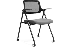FYLICA Stackable & Foldable Office Chair, Folding Desk Chair with Flip-Up Armrest, Breathable Mesh, Thick Seat Cushion & Rocking Backrest, Conference Room Chair with Wheel (Grey，1)