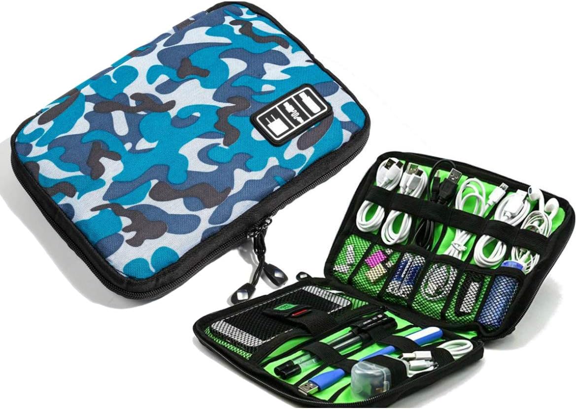 Travel Cord Organizer, Electronic Accessory Charger Cable Travel Case, Organizer Bag for - USB Cable, SD Card, Hard Drive, Airpods, iWatch, Flash Drive- Water-Resistant with Double Zipper (Camo-Blue)