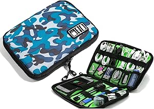 Travel Cord Organizer, Electronic Accessory Charger Cable Travel Case, Organizer Bag for - USB Cable, SD Card, Hard Drive, Airpods, iWatch, Flash Drive- Water-Resistant with Double Zipper (Camo-Blue)
