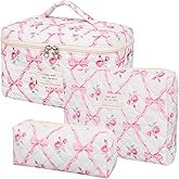 SXS LACONIC Quilted Makeup Bag,Large Cosmetics Bag Set,Cotton Coquette Floral Make up Pouch,Travel Toiletry Bag for Women