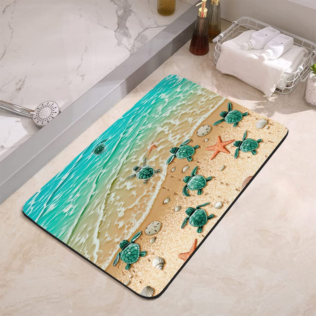 YISUMEI Bathroom Mat, Non-Slip Super Absorption Bath Carpet with Rubber Backing, Fit Under Bathroom Doormat Floor Rugs for Shower Buthtub,17"x24",Beach Turtle Starfish