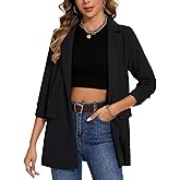 MINTLIMIT Women Casual Long Blazer Jacket Fall 3/4 Ruched Sleeve Open Front Button Work Office Business Suit Jackets with Pockets (Black, Size L)
