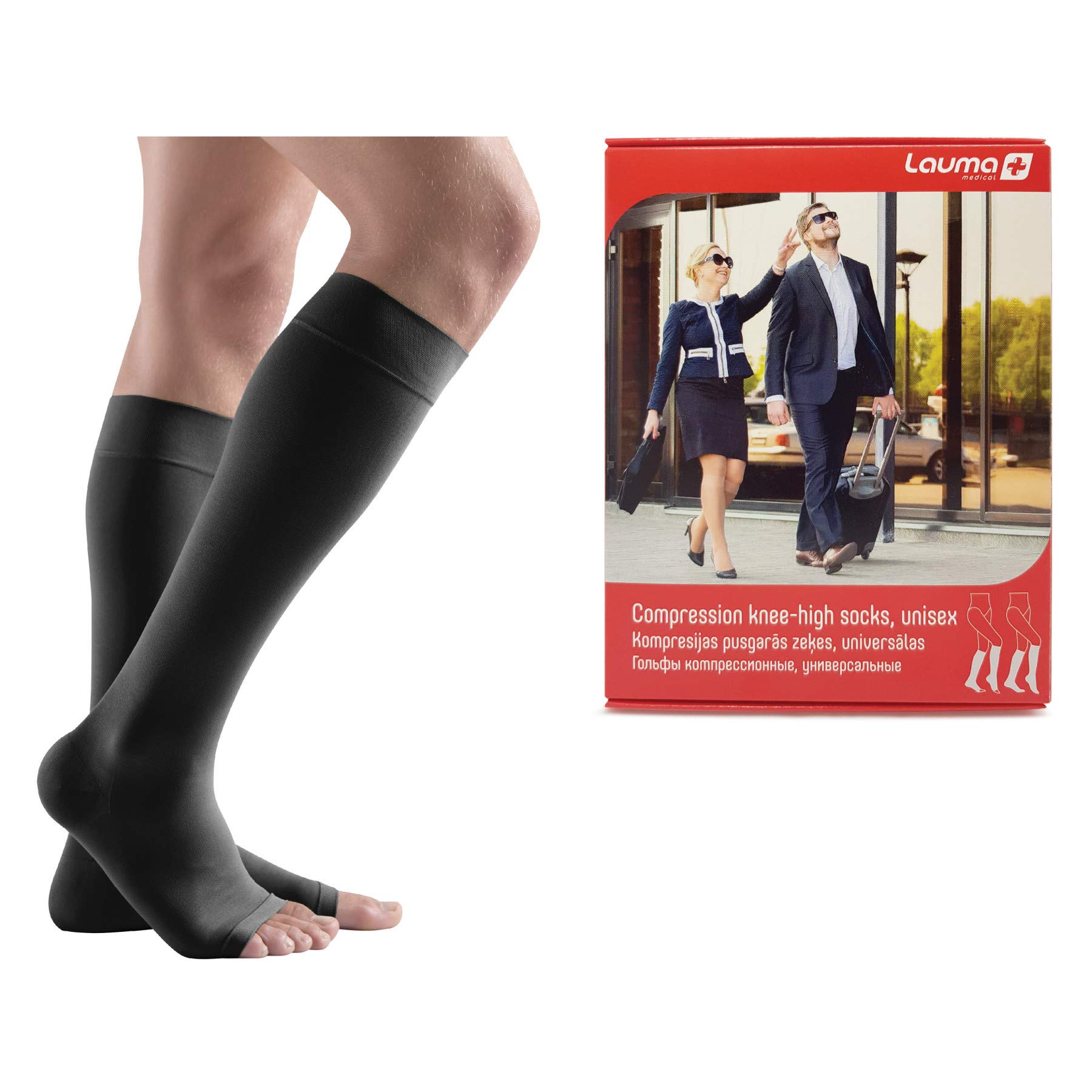 Lauma Medical, 23-32 mmHg Open-toe Medical Compression Knee-high Socks Class 2, Varicose Veins, Often Swelling in Legs, Pain in Calves and Feet (Long, S-Size, Black)