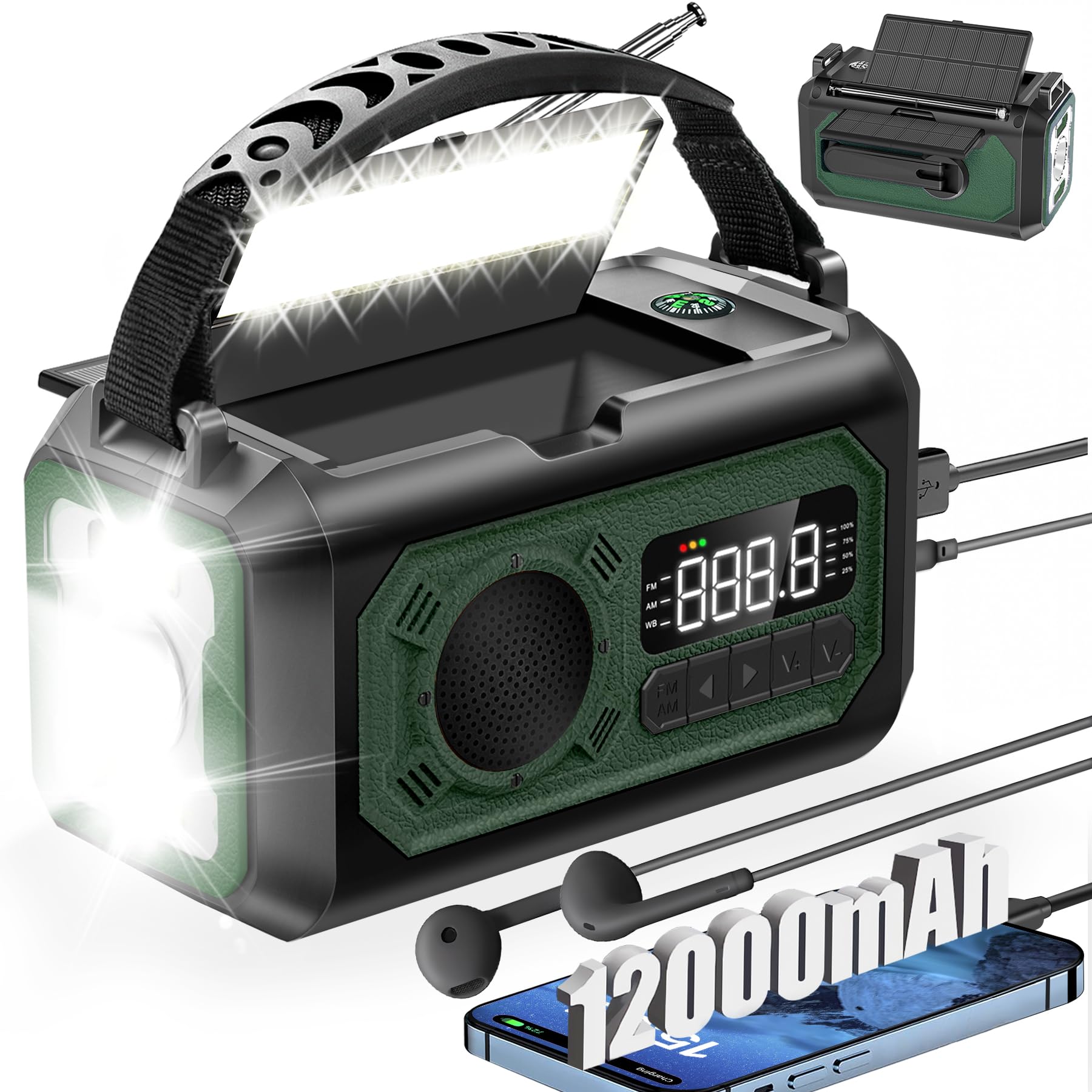 12000mAh Emergency Weather Radio, Hand Crank Solar Radio Portable AM/FM/NOAA Radio with 2 Solar Panels 3 Charging Methods SOS Alarm 3 Mode Flashlight Phone Charger Compass Reading Lamp