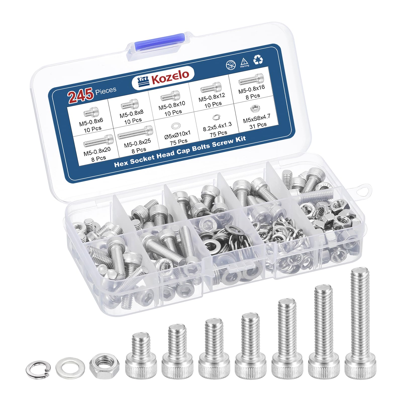 Kozelo 245pcs M5 Socket Head Cap Screws Bolts Nuts Assortment Kit - [M5x6/8/10/12/16/20/25mm] 304 Stainless Steel Allen Socket Drive for 3D Printer