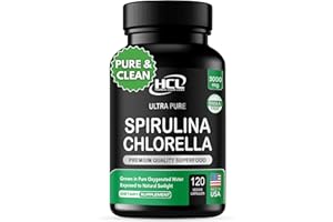 HCL HERBAL CODE LABS Chlorella Spirulina Powder Capsules 3000 mg of BMAA Free Purest Blue Green Algae - Best Natural Detox Raw Vegan Vitamins Protein Green Superfood - Made in USA