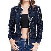 KANCY KOLE Womens Sequin Jacket with Pockets Casual Long Sleeve Front Zip Party Bomber Blazer S-2XL