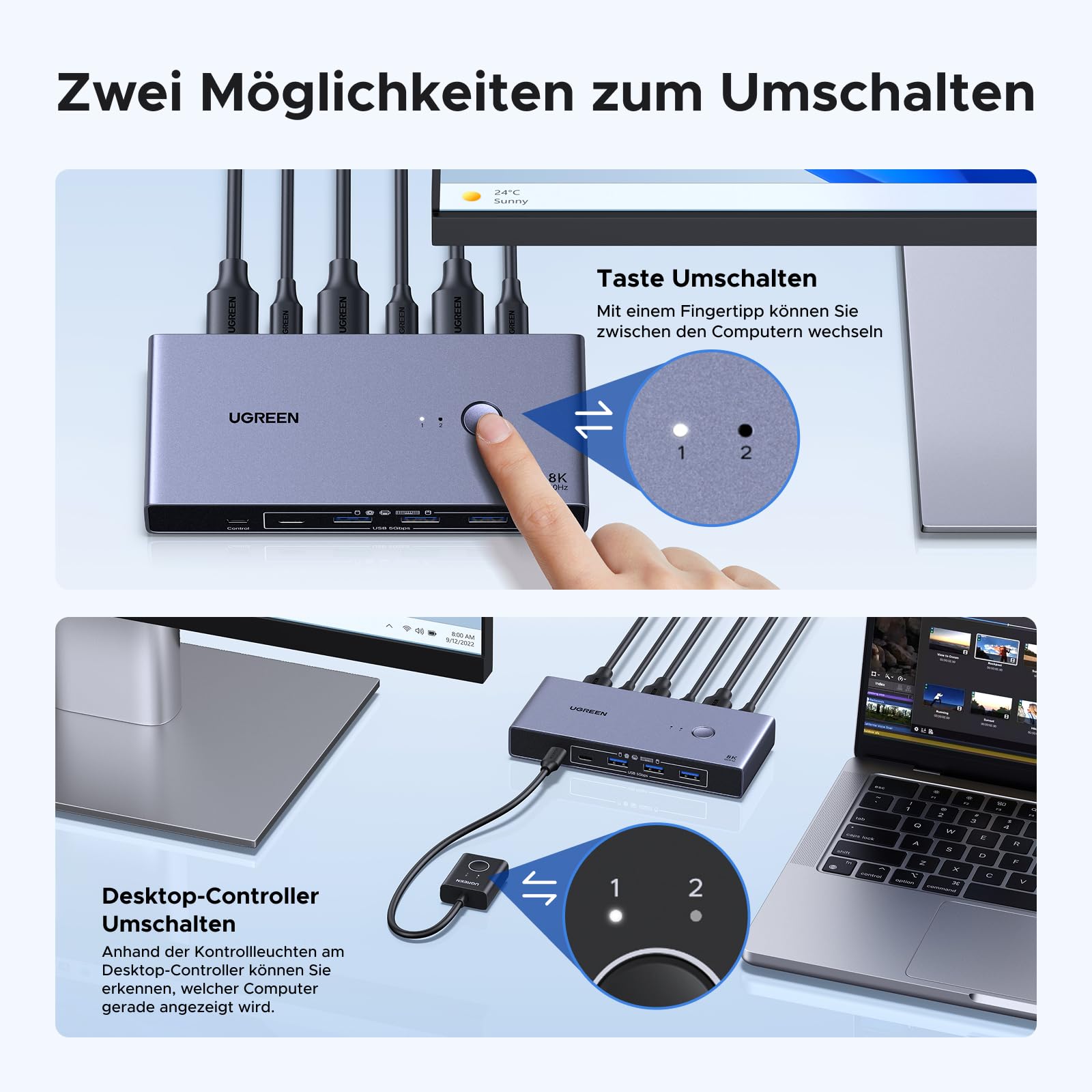 UGREEN DP 1.4 KVM Switch 8K@60Hz 2 PC 1 Monitor mit 4 USB 3.0 Ports 7