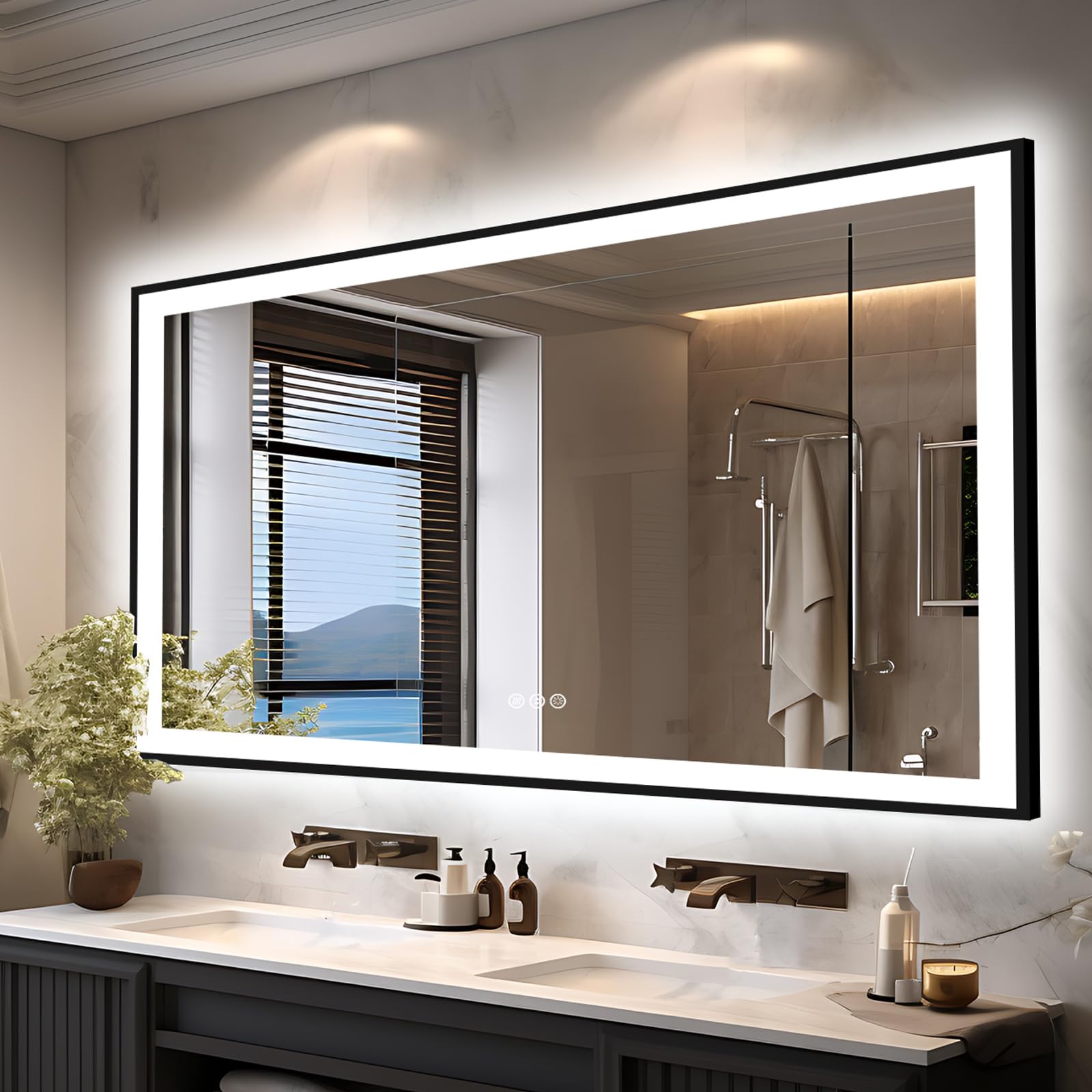 Photo 1 of EchosLife 66x36 LED Lit Bathroom Mirror - Black Framed, Front and Backlit LED Mirror, Anti-Fog Bathroom Mirror with Lights, 3 Colors Stepless Dimmable Mirror, Touch Sense (Horizontal/Vertical)