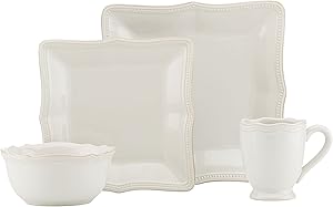 Lenox French Perle Bead White Square 16 Piece Dinnerware Place Setting Set, Service for 4