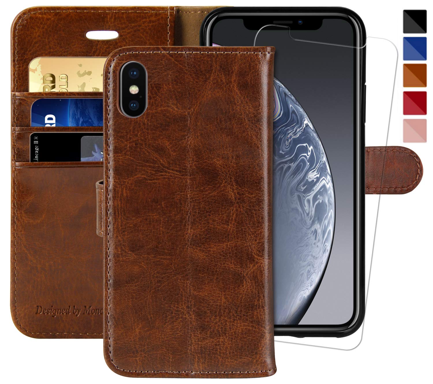 MONASAY iPhone Xs MAX Wallet Case,6.5-inch, [Glass Screen Protector Included][RFID Blocking] Flip Folio Leather Cell Phone Cover with Credit Card Holder for iPhone Xs MAX,Brown — image 1