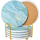 6Pcs Drink Coasters with Holder, Marble Ceramic Drink Coaster, Absorbent Coasters Set Suitable for Kinds of Cups, Modern Style Coasters for Coffee Table, 4 Inches