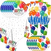 Esyzpesai 141Pcs Birthday Balloon Party Supplies for 20 Guests - Disposable Tableware Plates and Napkins Forks Cups Straws Tablecloch Colorful Balloons for Baby Shower Birthday Party Decorations